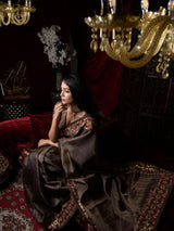 Brown Silk Tissue Hand Embroidered Sari with Raw Silk Blouse