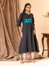 Charcoal blue handloom panel top with Kutch work detailing, paired with printed pants