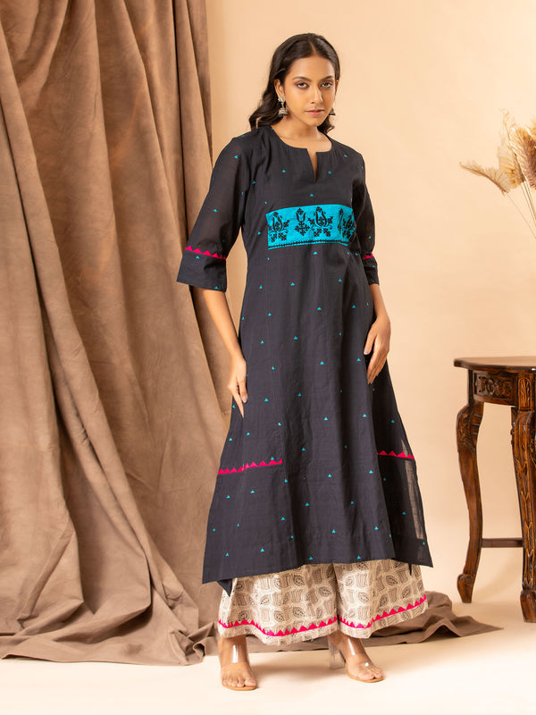 Charcoal blue handloom panel top with Kutch work detailing, paired with printed pants