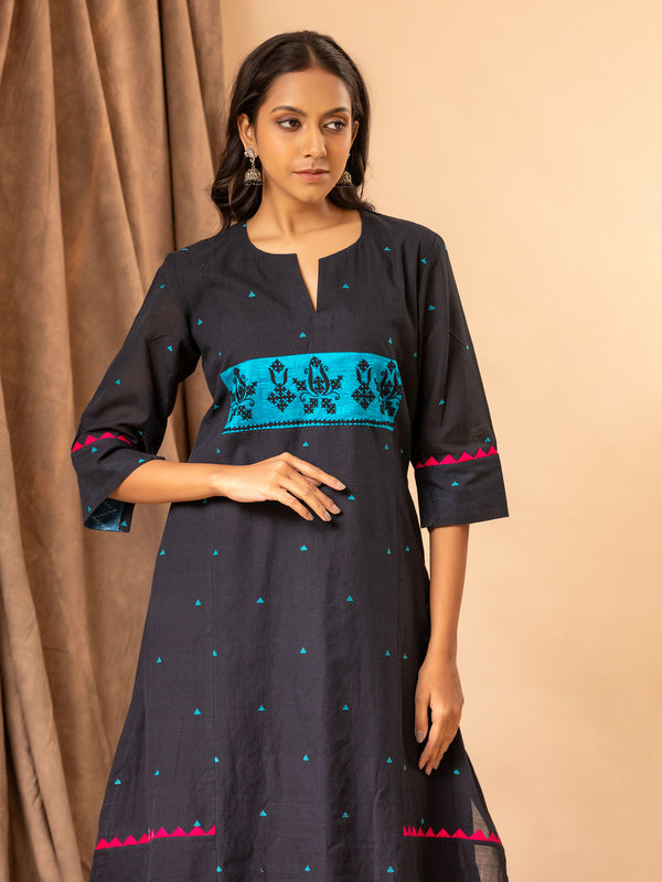 Charcoal blue handloom panel top with Kutch work detailing, paired with printed pants