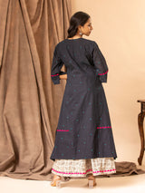 Charcoal blue handloom panel top with Kutch work detailing, paired with printed pants