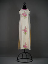 Cream Halter Neck Kurti with Floral Block Print and Sequins Work