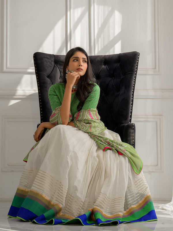 Cream Handwoven Cotton Lehenga with Kanchi Blouse and Dupatta