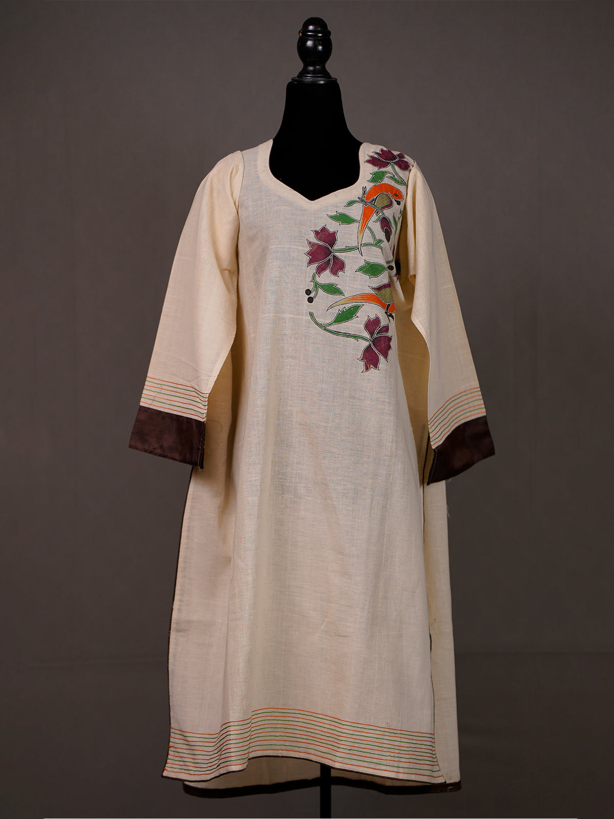 Cream Handwoven Cotton Unstitched Kurti With Floral Applique Work