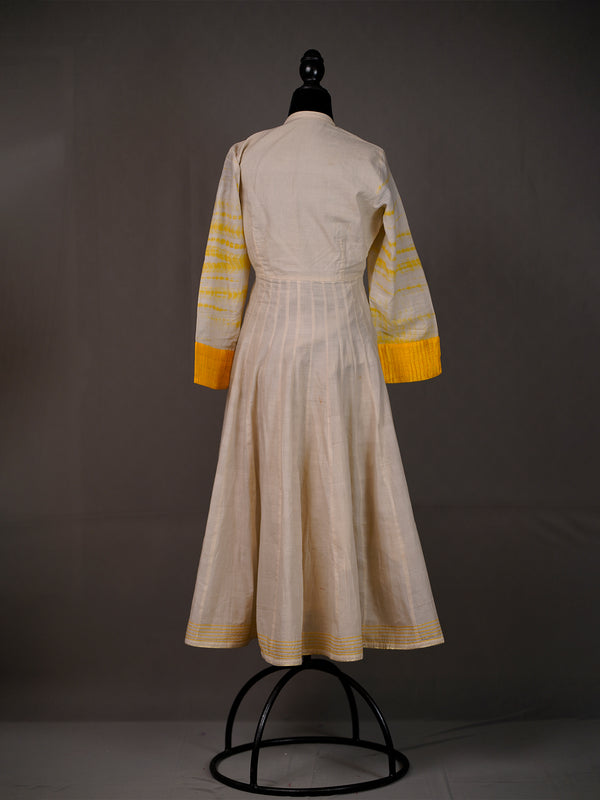 Cream Kali Long Kurti with Yellow Thread Work, Tie-n-Dye Sleeves