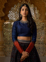 Dark Blue Chanderi Ajrakh Print Lehenga with Raw Silk Blouse