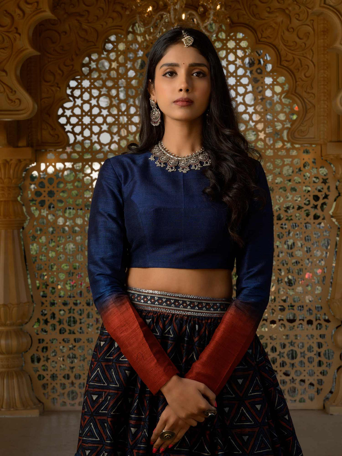 Dark Blue Chanderi Ajrakh Print Lehenga with Raw Silk Blouse