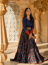 Dark Blue Chanderi Ajrakh Print Lehenga with Raw Silk Blouse