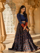 Dark Blue Chanderi Ajrakh Print Lehenga with Raw Silk Blouse