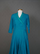 Dark Blue Handwoven Floor-Length Dress with Thread Embroidery