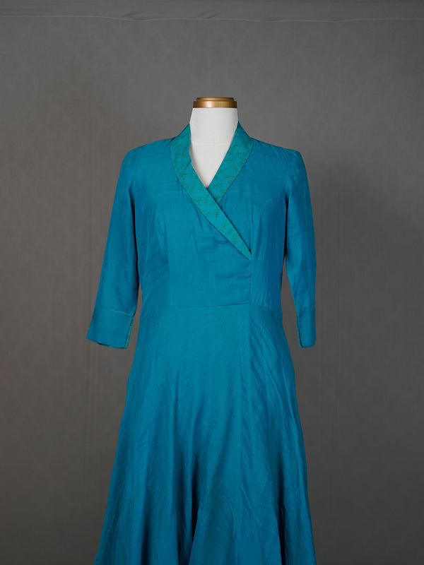 Dark Blue Handwoven Floor-Length Dress with Thread Embroidery