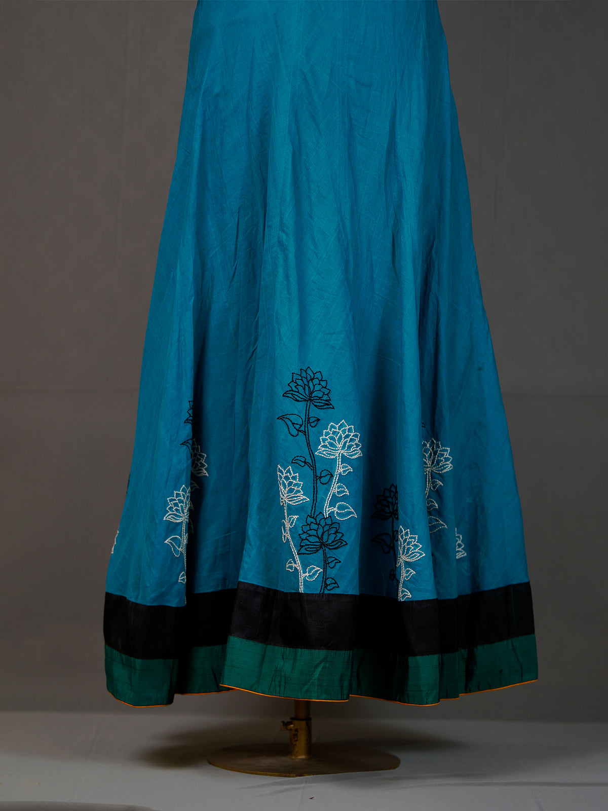 Dark Blue Handwoven Floor-Length Dress with Thread Embroidery