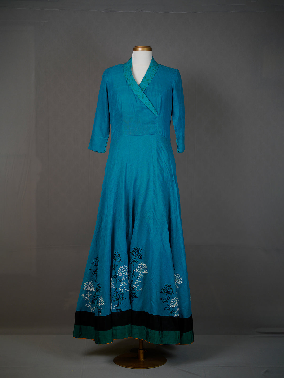Dark Blue Handwoven Floor-Length Dress with Thread Embroidery