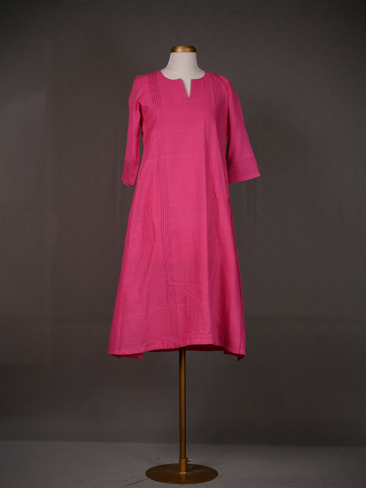 Dark Pink Cotton Handloom Plain Kurti with Pintuck Detailing