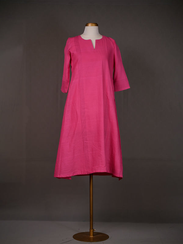Dark Pink Cotton Handloom Plain Kurti with Pintuck Detailing