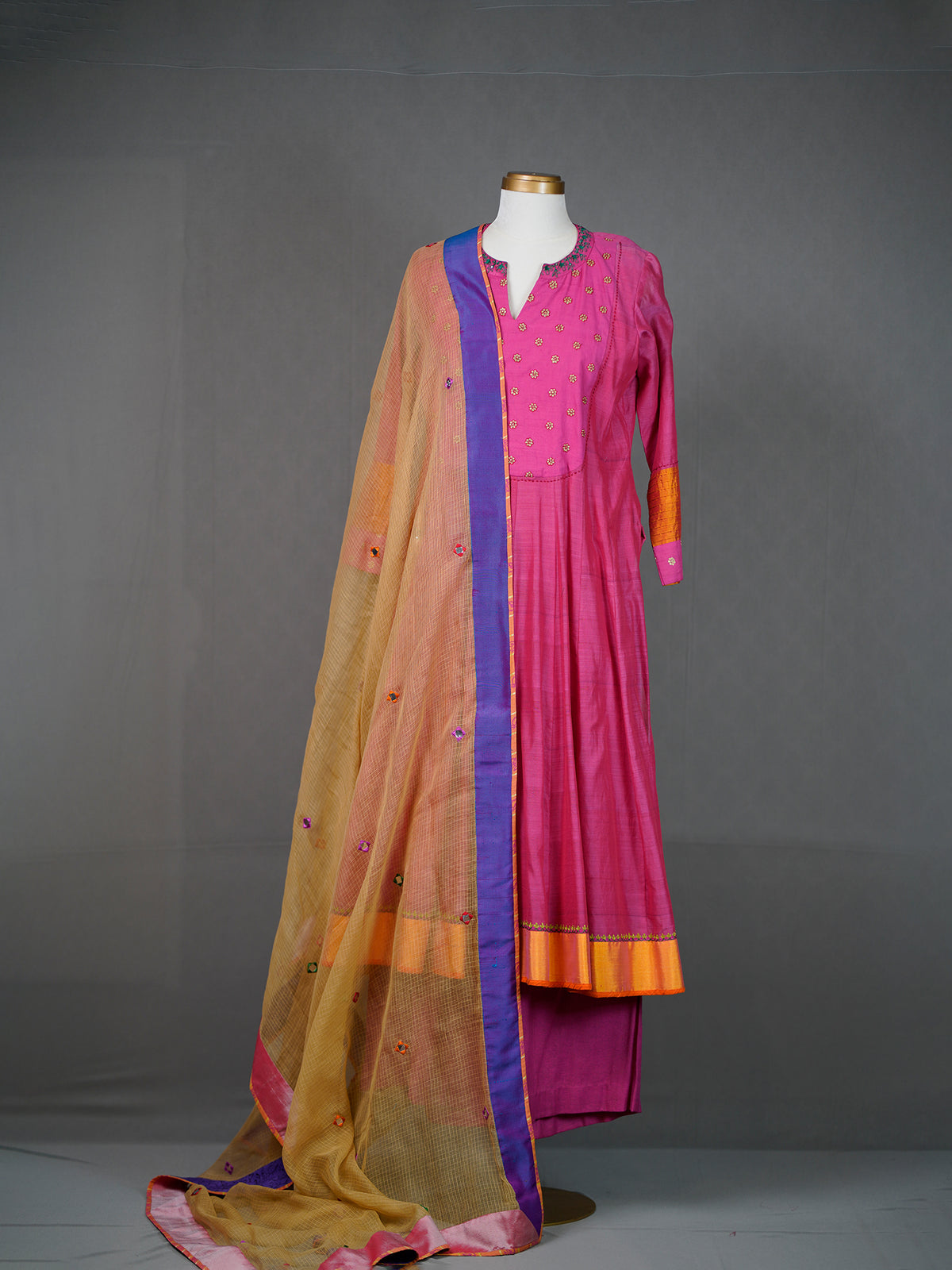 Dark Pink Kurti Pants Set with Pitta Work n Embroidery, Yellow Dupatta