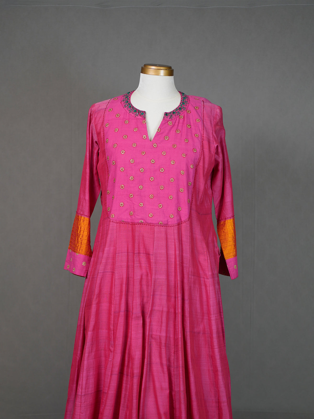 Dark Pink Kurti Pants Set with Pitta Work n Embroidery, Yellow Dupatta