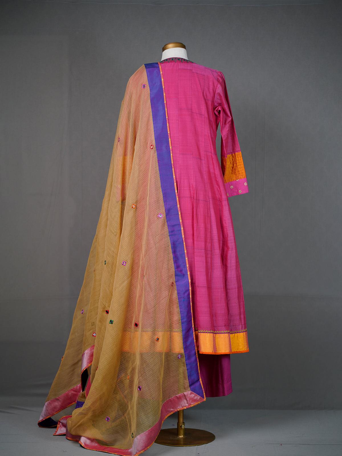 Dark Pink Kurti Pants Set with Pitta Work n Embroidery, Yellow Dupatta