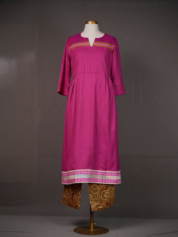Dark Pink Kurti with Zardozi and Thread Work and Green Bandhni Pants