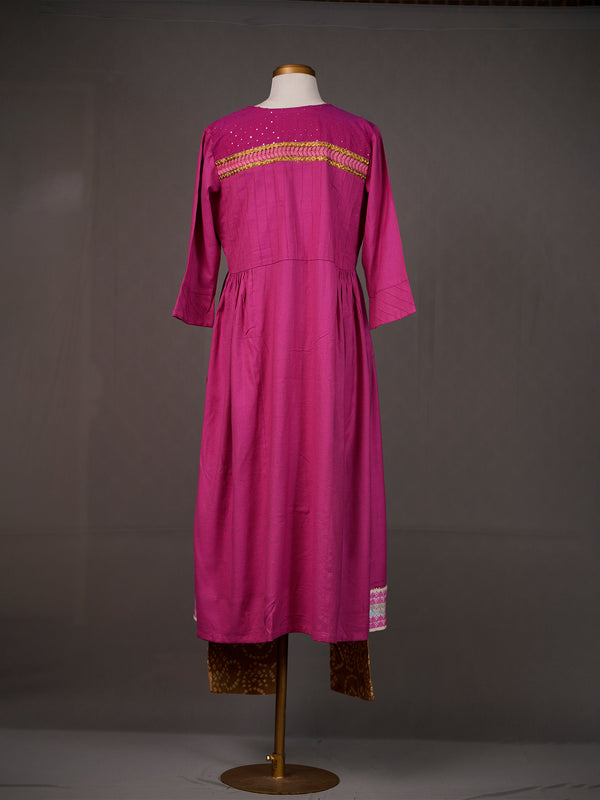 Dark Pink Kurti with Zardozi and Thread Work and Green Bandhni Pants
