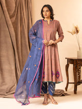 Dusky mauve handwoven kali top with Gota and thread work bhuttis on the kalis, paired with printed pants and a koti dupatta featuring Gota Patti work