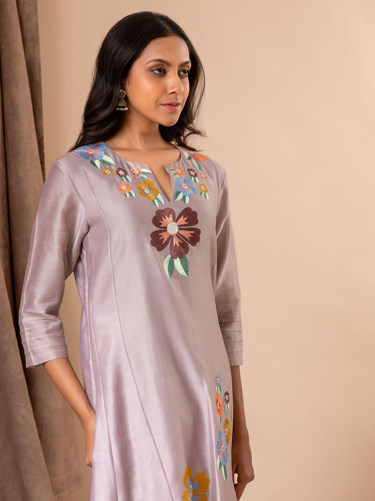 Dusty lavender Chanderi panel top with floral and mirror thread embroidery, paired with lycra stretchable pants