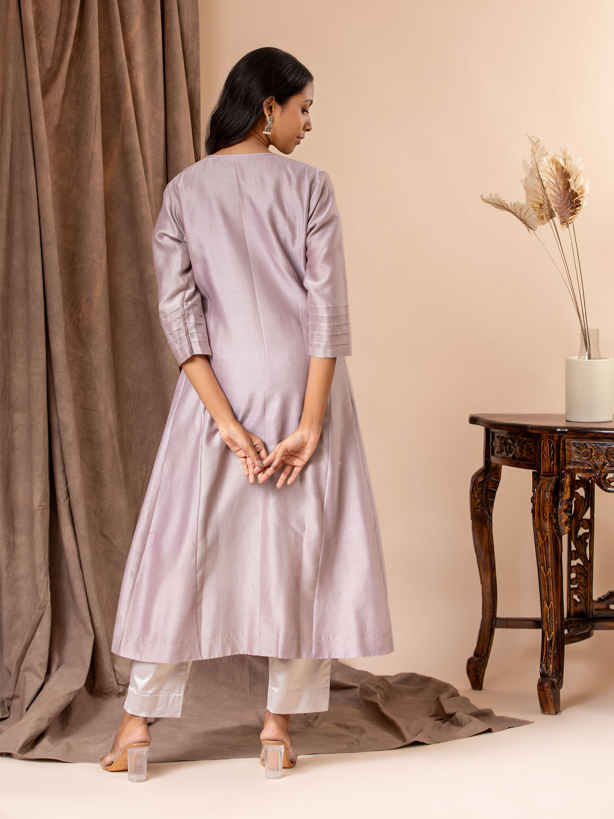 Dusty lavender Chanderi panel top with floral and mirror thread embroidery, paired with lycra stretchable pants