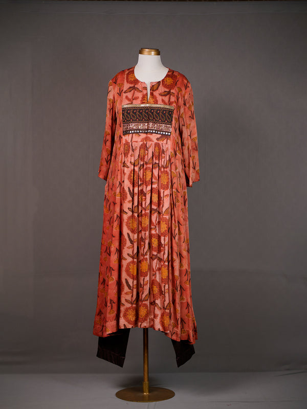 Earthy Mushroom Hued Ajrakh Print Kurti with Kalis and Pants