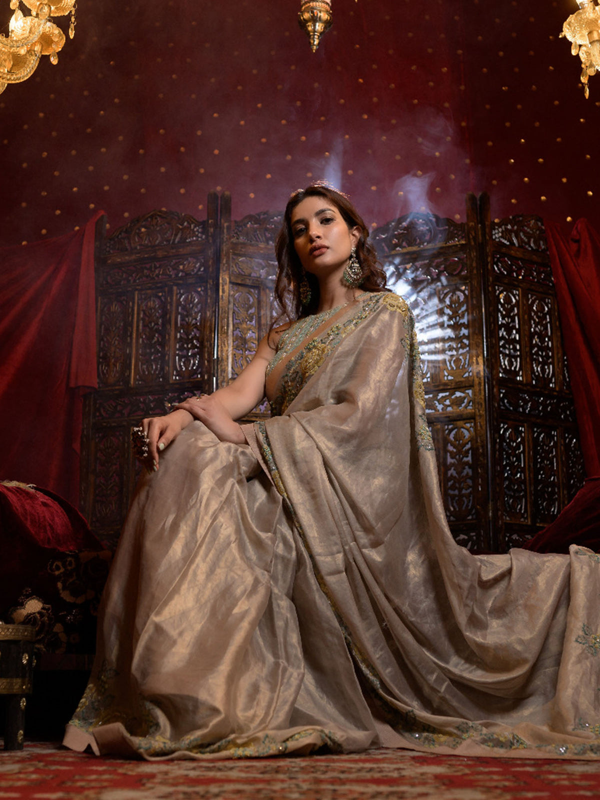 Gold Silk Tissue Embroidered Sari with Raw Silk Blouse