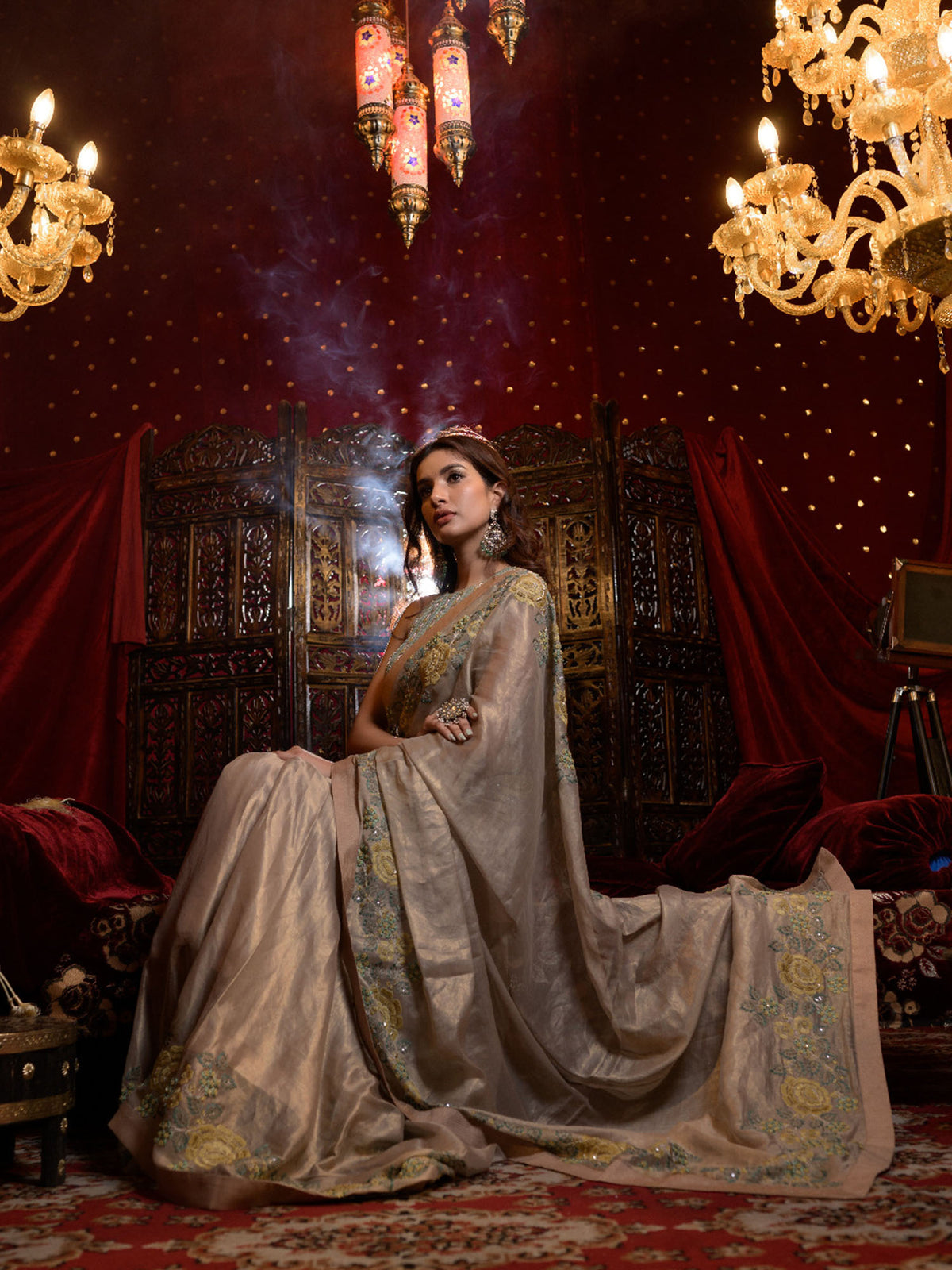 Gold Silk Tissue Embroidered Sari with Raw Silk Blouse