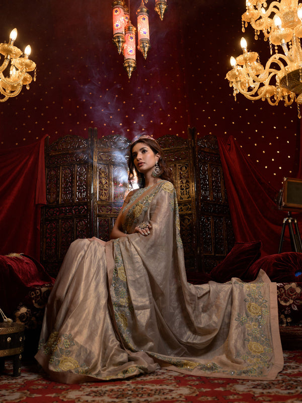 Gold Silk Tissue Embroidered Sari with Raw Silk Blouse