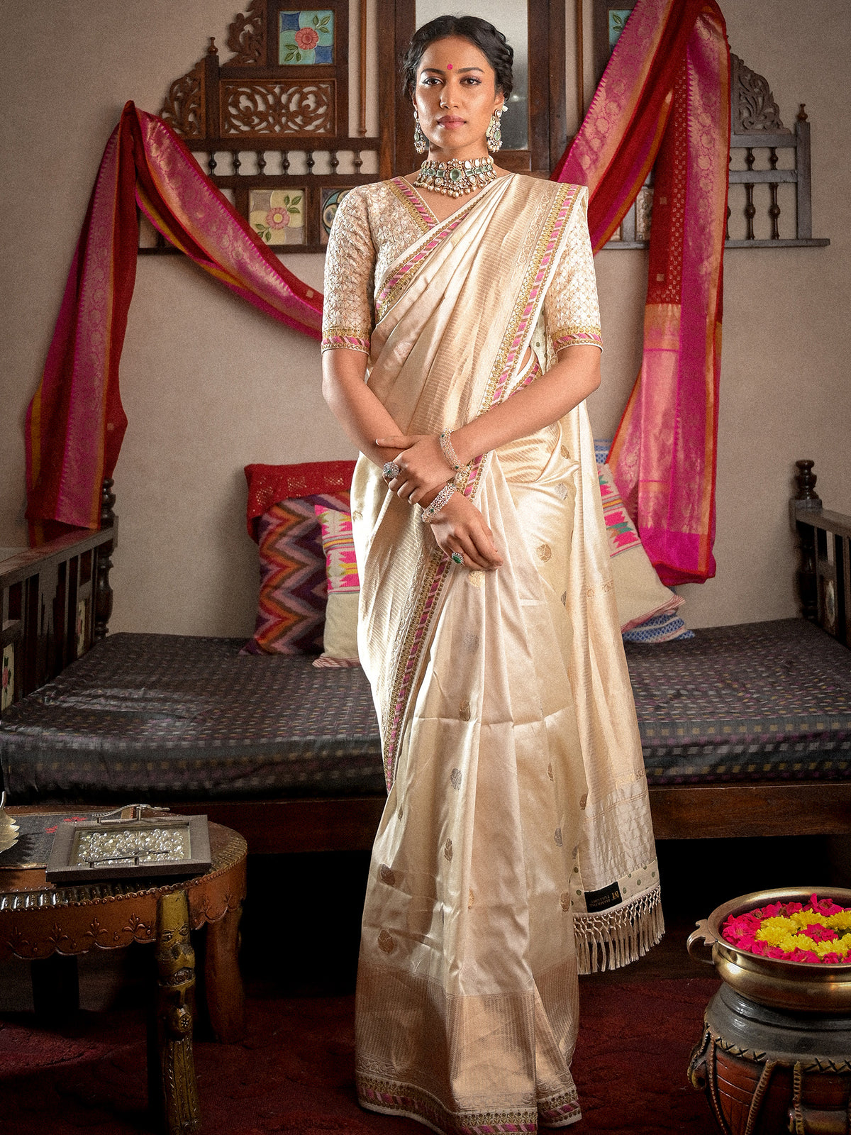 Grace Comes to Life in Off-White Katan Banarasi Silk Saree