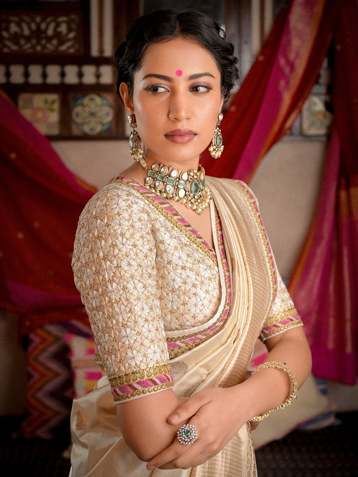 Grace Comes to Life in Off-White Katan Banarasi Silk Saree