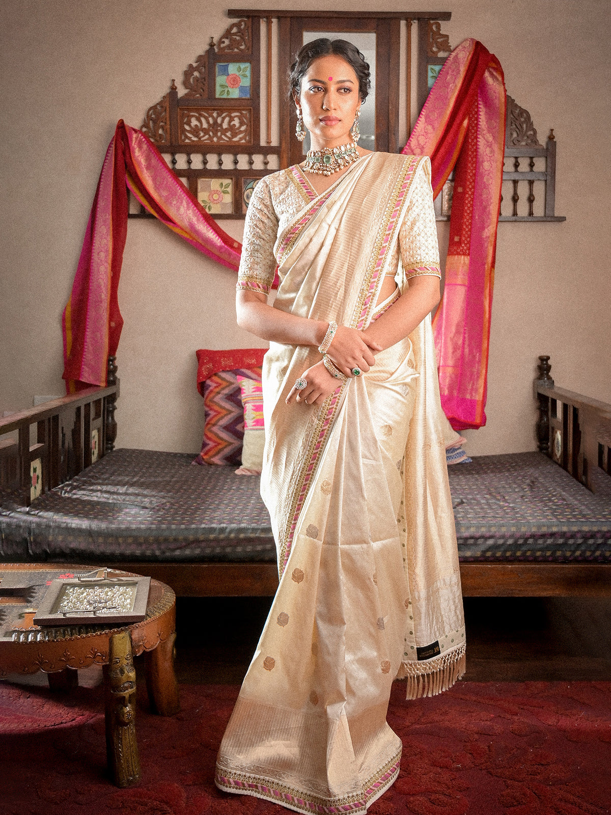 Grace Comes to Life in Off-White Katan Banarasi Silk Saree
