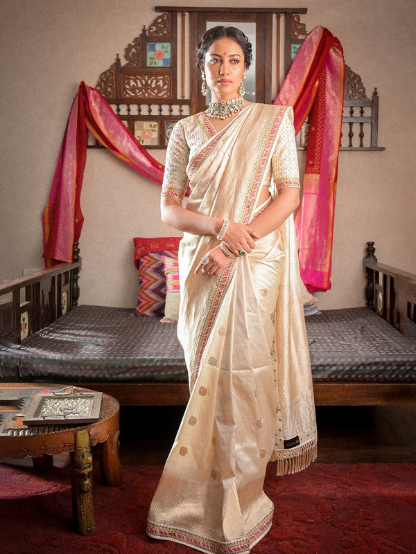 Grace Comes to Life in Off-White Katan Banarasi Silk Saree