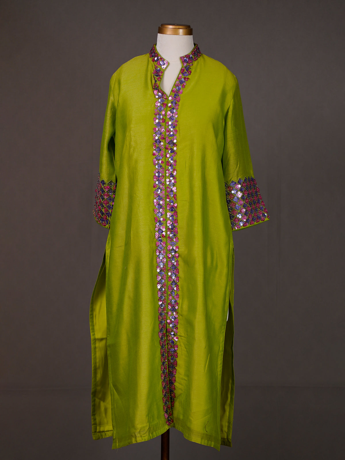 Green Chanderi Kurti with High Neck and Dazzling Sequins Work