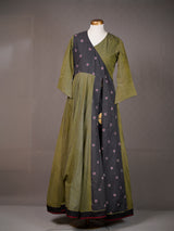 Green Cotton Kali Long Kurti with Black Work Panel, Tie-n-Dye Pants