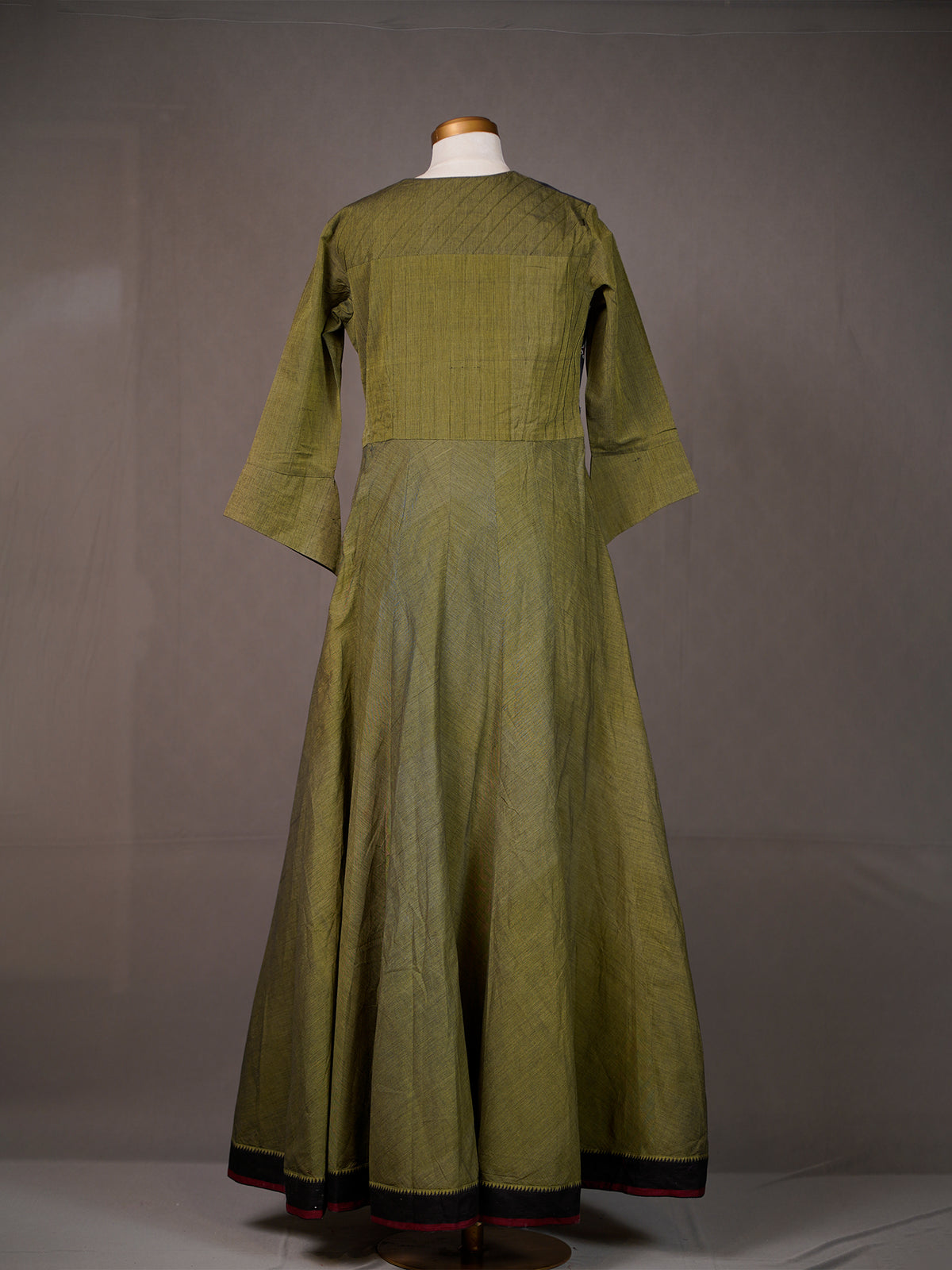 Green Cotton Kali Long Kurti with Black Work Panel, Tie-n-Dye Pants