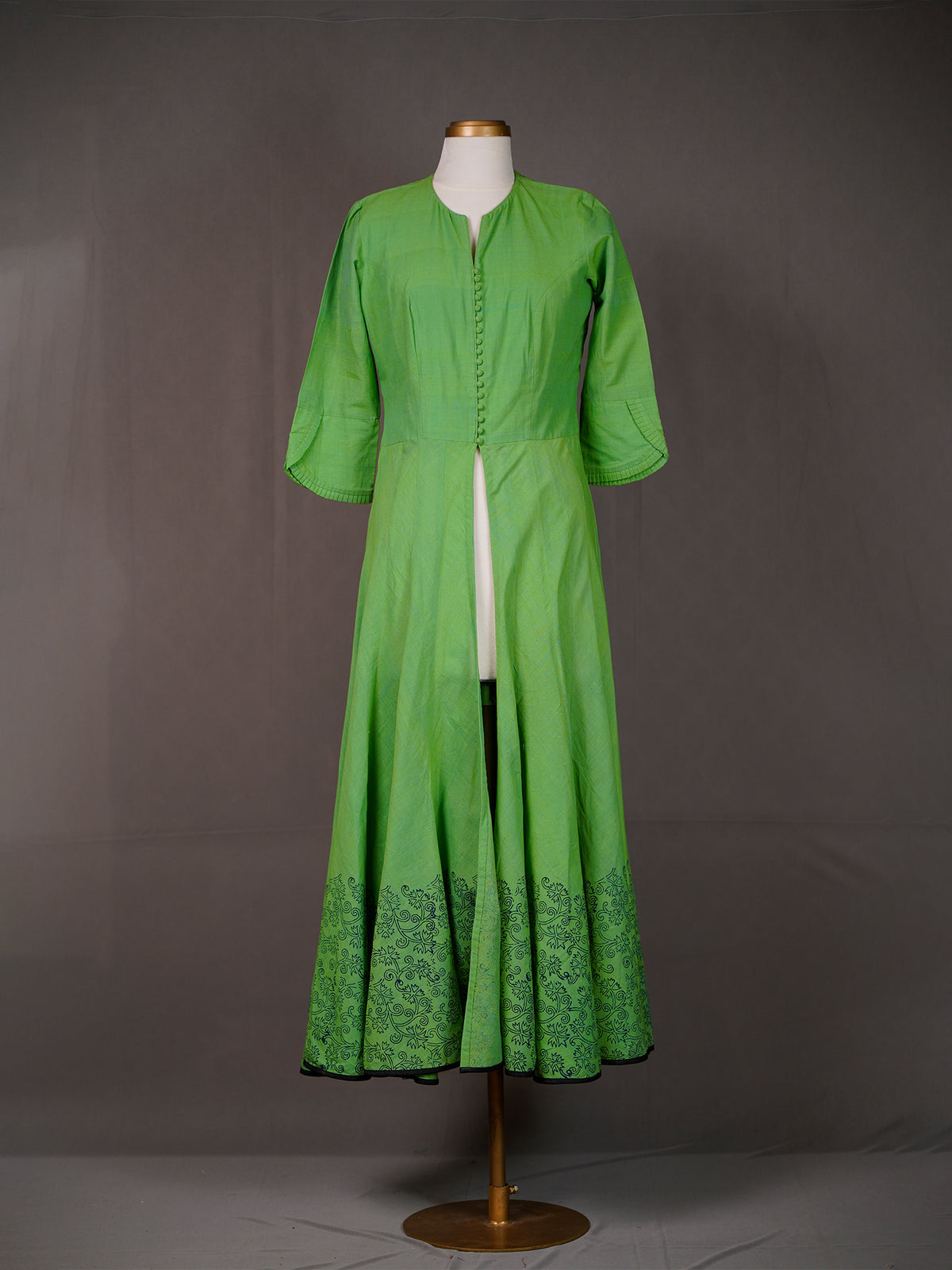 Green Cotton Long Kali Kurti, Front Open with Block Print at Bottom