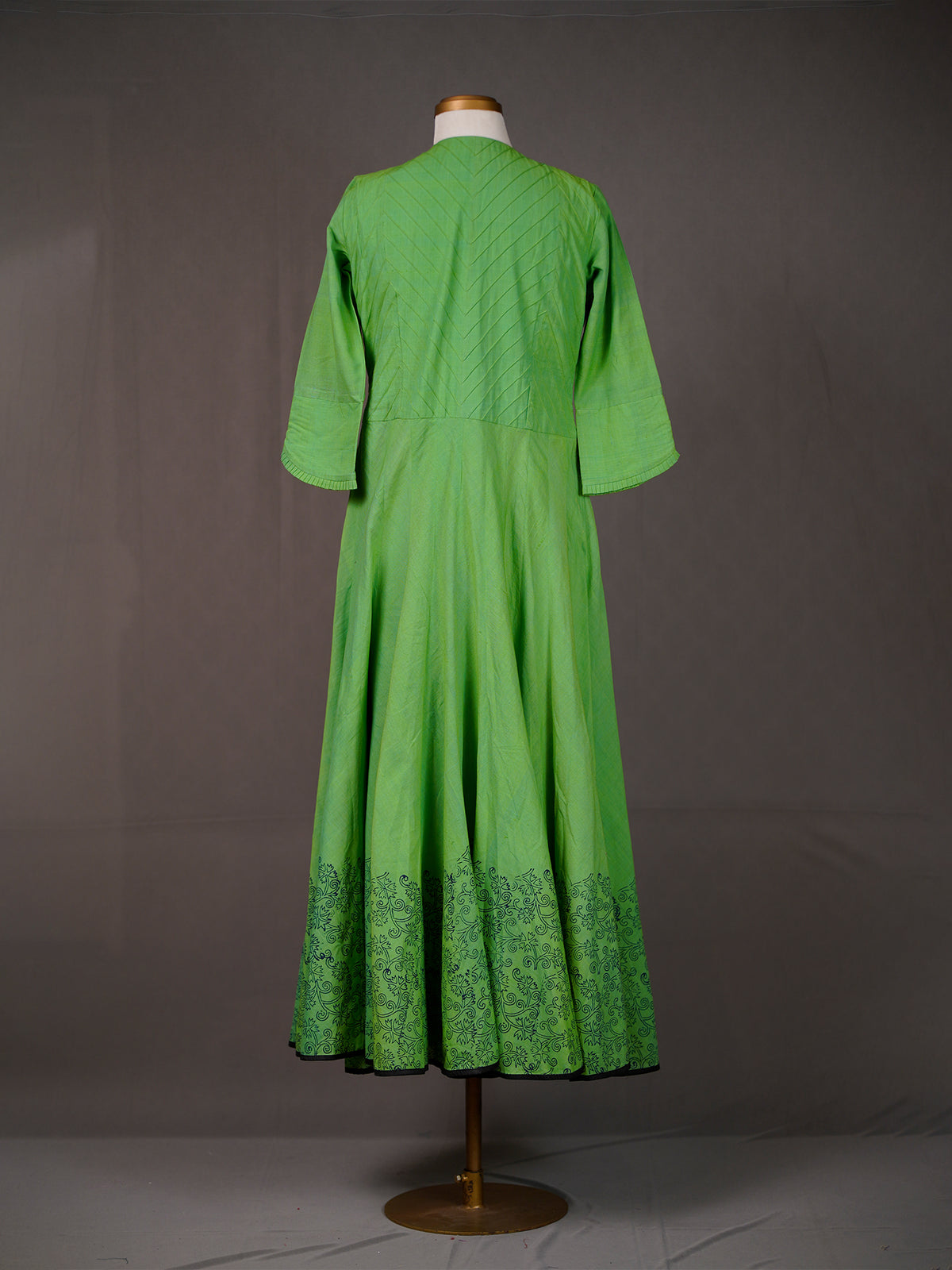 Green Cotton Long Kali Kurti, Front Open with Block Print at Bottom