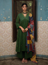 Green Handwoven Cotton Kurti with Thread and Mirror Work