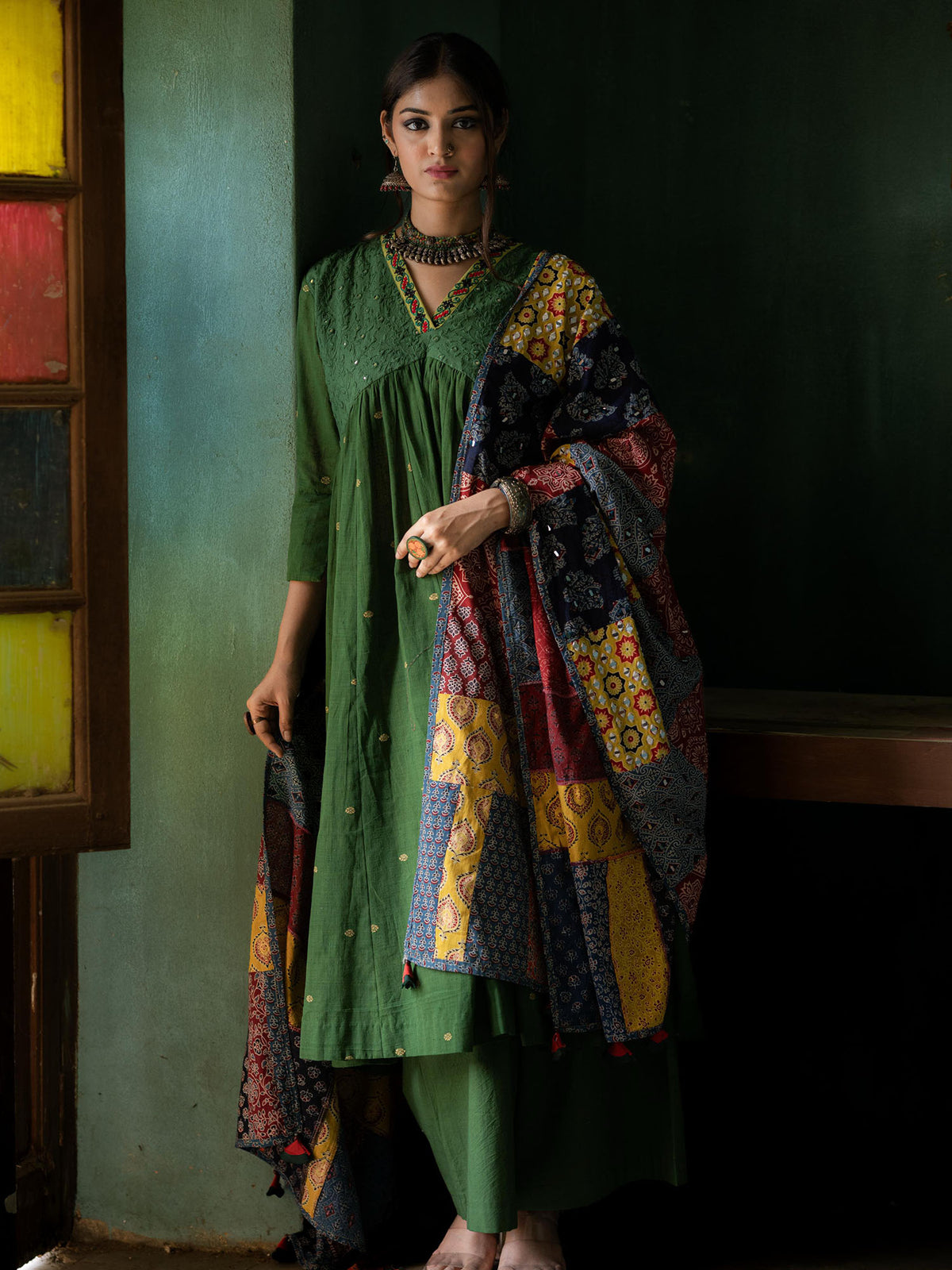 Green Handwoven Cotton Kurti with Thread and Mirror Work