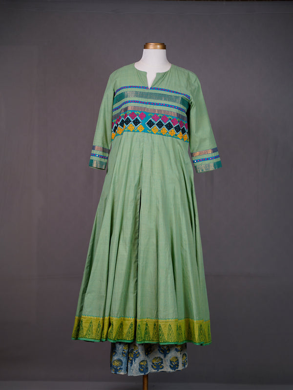 Green Kali Kurti with Kutch work, Mirrors, Front Slit, Printed Pants