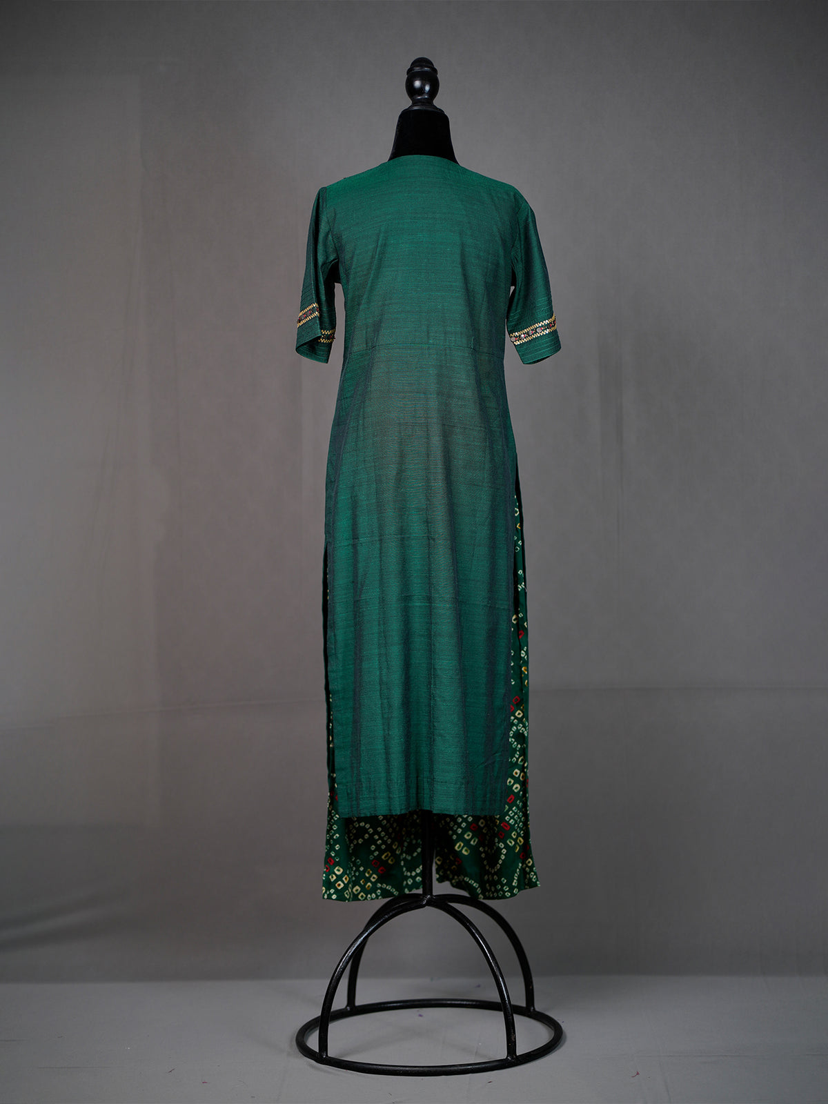 Green Kurti with Rich Sequinned Deep V Neck and Bandhni Pants