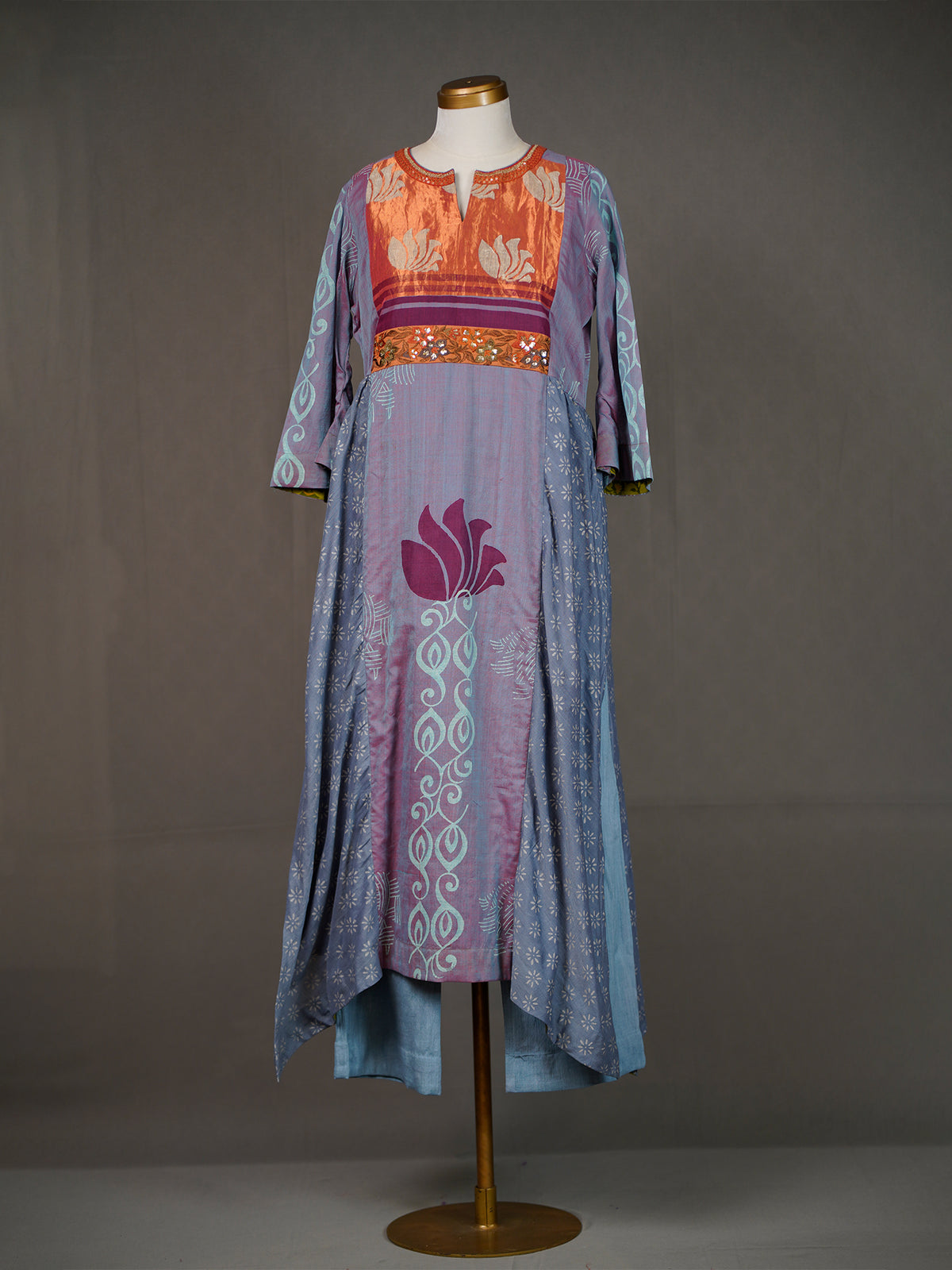 Grey Block Print Kurti with Front Panel and Contrast Yoke, Pants