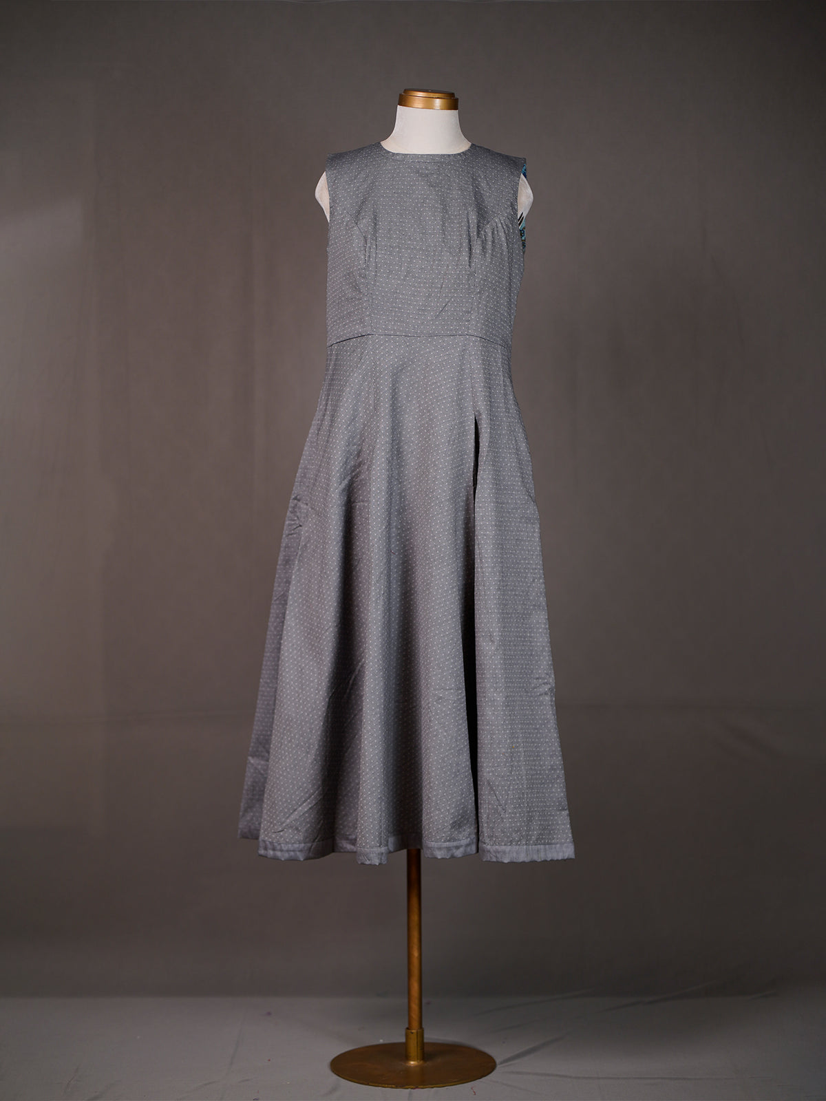 Grey Handloom Sleeveless Long Plain Dress with Box Pleats