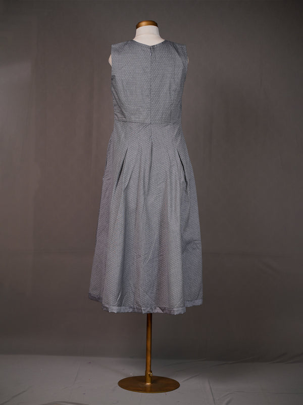 Grey Handloom Sleeveless Long Plain Dress with Box Pleats