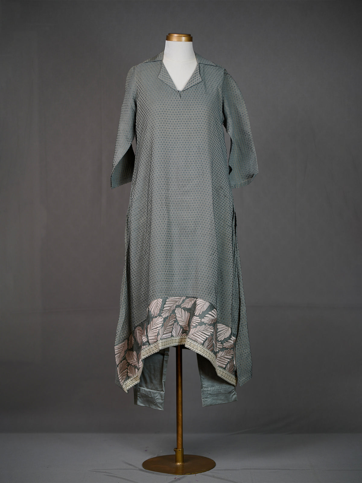 Grey Handwoven Collared Asymmetrical Kurti with Applique Work n Pants
