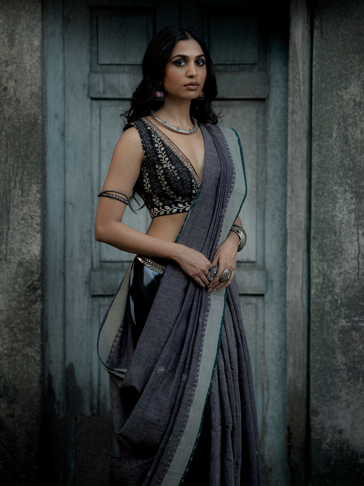Grey Handwoven Khadi Cotton Saree with Black Blouse and Pants
