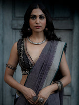Grey Handwoven Khadi Cotton Saree with Black Blouse and Pants